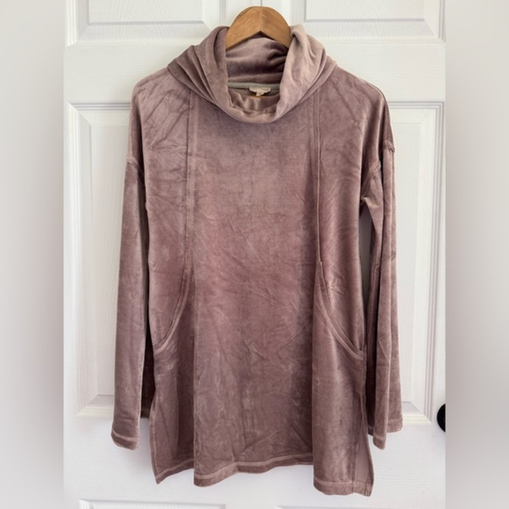 Hem & Thread Velour Tunic Top Small Mauve Pink Cowl Neck Bell Sleeve Ribbed